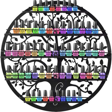 Espositore Porta Smalti Organizzatore Oli Essenziali Disegno di Albero della Vita Artistico Rotondo, Colore in Scelta di Metallo a 5 Ripiani 60x6x60cm (Nero)