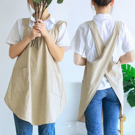 Tablier Femme - Coton Lin - Dos Croisé - Pour Cuisine Peinture Jardin Atelier Café Pâtisserie - 73 cm - 1 Pièce (1/5)