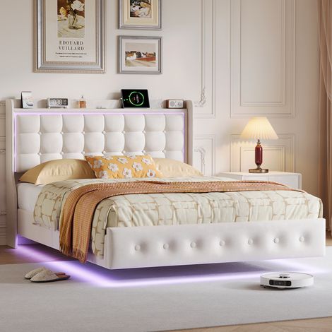 Lit Double 140x200cm, Lit Flottant avec LED & USB, Lit 2 Places avec Tête de Lit et Rangement, Sommier à Lattes, Lit, Velours, Blanc