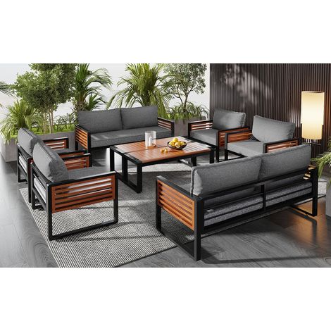 Ensemble mobilier de jardin terrasse, 8 pièces, table repas, 2 canapés 2 places, 4 fauteuils, 2 tables basses, cadre acier galvanisé gris, accoudoirs bois décoratifs