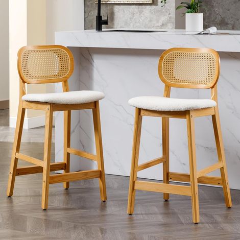 Wahson Bar Stools 2Pcs Upholstered in Sherpa Fabric Retro Rustic Counter Chairs with Wood Legs for Home Bar Kitchen Restaurant, Beige