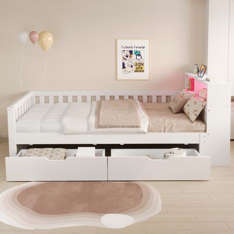 Lit coffre banquette 90x200cm avec led usb et barrières sécurité - bois - blanc (1/5)