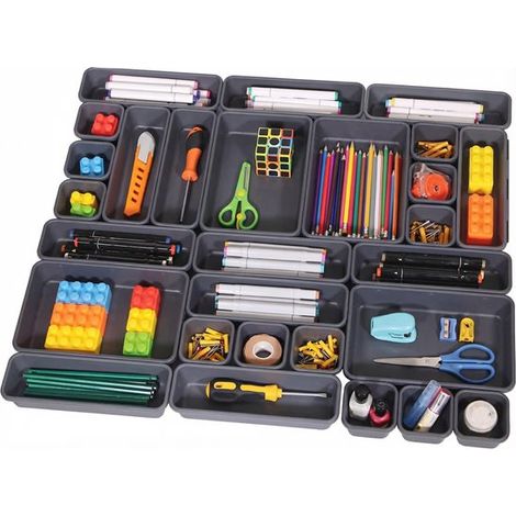 Set de 44 organiseurs de tiroir – Bacs empilables – Noir – Antidérapants – Cuisine, bureau, salle de bain (1/5)