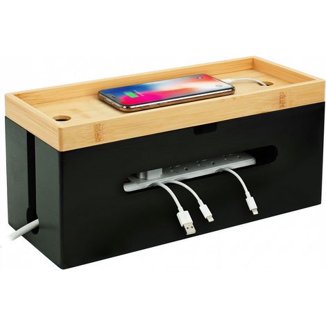 Relaxdays scatola porta cavi bambù, ALP 16x34x13,5 cm, per multipresa 6 posti, con coperchio e fascette, naturale/nero