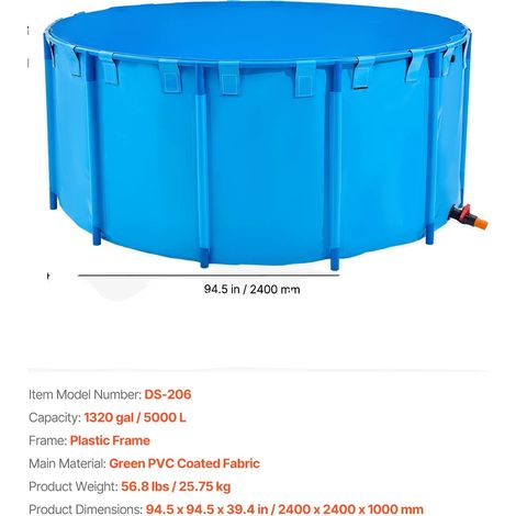 Estanque para peces, capacidad de 448,8 galones, construcción de PVC duradero, 2,4 m x 1 m (1/2)