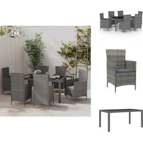 7-tlg. Garten-Essgruppe mit Kissen Poly Rattan Grau - Gartenmöbel - Esstisch - Gartensessel - Rattan Gartenmöbel - Outdoor Möbel