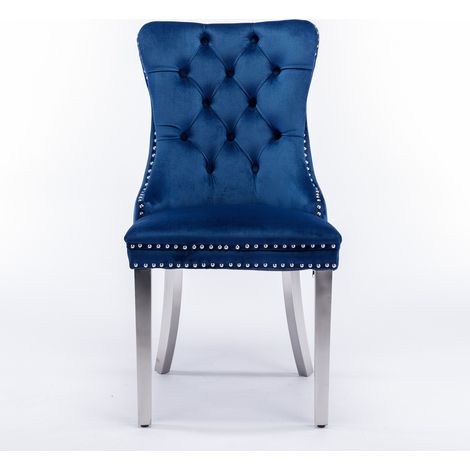 Chaise de salle à manger moderne Nikki en velours bleu avec structure en bois massif et pieds en acier inox chromé, lot de 2 (1/5)