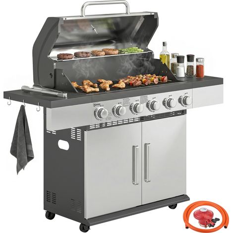 Outsunny 6 Burner Liquid Propane Gas BBQ Grill, Portable Gas Barbecue Grill