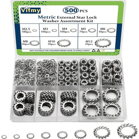 APEX Assortiment de rondelles de blocage à dents externes Vifmy (paquet de 500), rondelles étoiles externes métriques en acier inoxydable 304 M2,5 M3 M4 M5 M6 M8 M10 M12 (1/5)