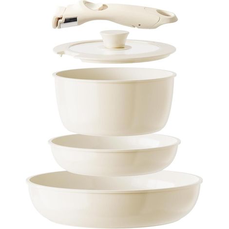 Set de casseroles et poêles en céramique avec manche amovible, camping, beige (1/5)
