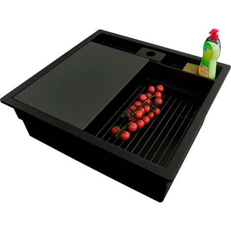 PRIMAGRAN Evier Sous Plan 56x54cm,Evier en Granit 1 bac + Kit de Vidage + Accessoires, Évier au meuble 60cm - Bergen Pocket, Tout Noir