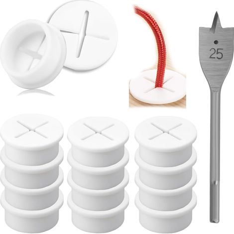 Ensemble d'œillets de câble de bureau, cache-trou de câble en silicone blanc de 25 mm avec perceuse, solution de rangement des câbles pour bureaux d'ordinateur, stations de travail à domicile (1/5)