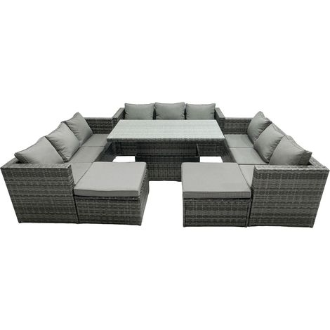 Fimous Rattan Dining Table Sofa Set with 2 Big Stool Outdoor 11 Seat Garden Furniture Set Dark Grey Mixed (1/5)