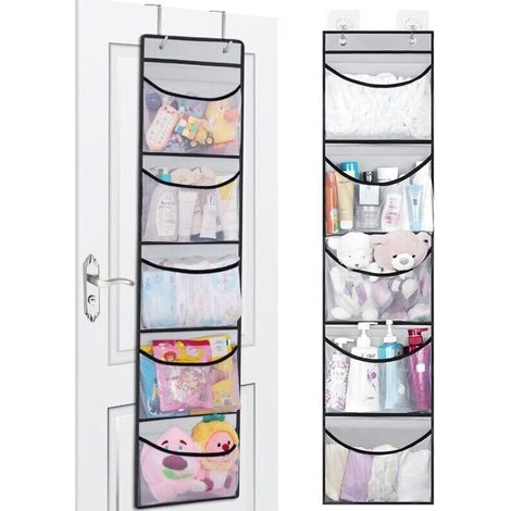 Organizzatore portaoggetti da appendere alla porta – 5 ampie tasche + 2 ganci in metallo – Ideale per la cameretta dei bambini, il bagno e la cucina.