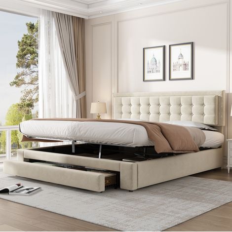 Letto matrimoniale 180/200 cm in velluto beige con contenitore, testiera regolabile e design elegante (1/5)