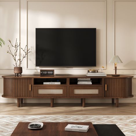 Mueble TV 170x40x40 cm roble oscuro MDF y madera con ratán, 2 cajones y 2 puertas correderas (1/5)