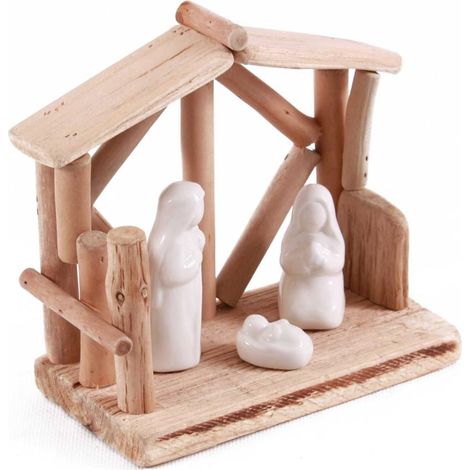 Nativité en bois et céramique, 14,5x8x14,5 cm