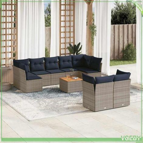 Salon de jardin - Ensemble modulable 10 pcs - Résine tressée gris - Coussins bleu marine déhoussables - Rangement étanche (1/5)