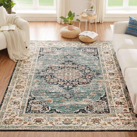 Teppich Waschbar Kurzflor Rutschfest Kunstwolle Vintage Blau 160x230CM (1/5)