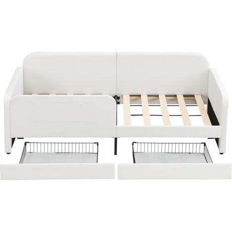 Lit enfant 90x200 cm en velours blanc avec cadre métallique, 2 tiroirs et 3 poches de rangement (1/5)