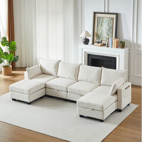 FloraGrace canapé modulable 6 places, chenille beige, convertible, composition en L ou en U, rangements intégrés (1/5)