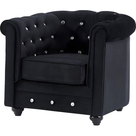 Canapés 3 places, 2 places et fauteuil en velours noir et boutons effet cristal CHESTERFIELD