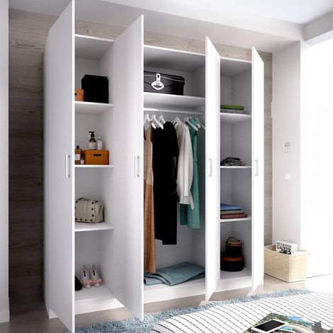 Dmora - Armario Bove, Perchero para dormitorio, Armario con 4 puertas batientes, 200x52h215 cm, Blanco (1/5)