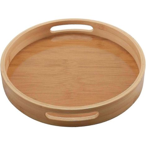 Plateau de service rond en bambou, idéal pour le dîner, le thé, le petit-déjeuner et le rangement. Poignée. (1/5)