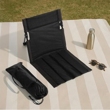 Esterilla de playa plegable - Cojín con respaldo - Para relajarse al aire libre - Plegable con cordón - 40,5 x 10,5 cm - Negra (1/5)