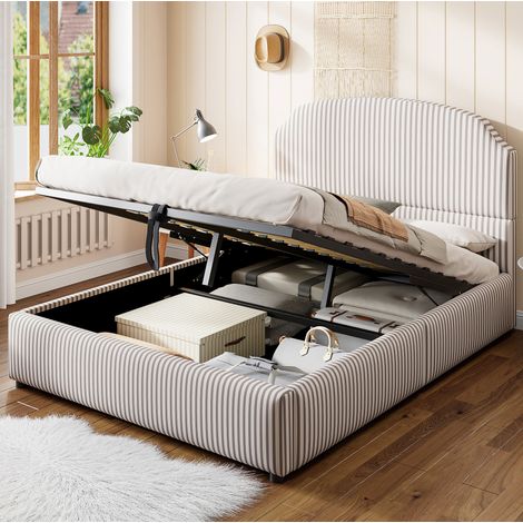 lit adulte coffre rangement 140x200 tissu rayé blanc OKMYHOME (1/5)