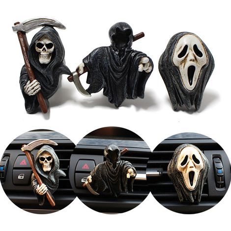 Lot de 3 désodorisants pour voiture à clipser sur les grilles d'aération : squelette fantôme d'Halloween, accessoires de décoration intérieure. (1/5)
