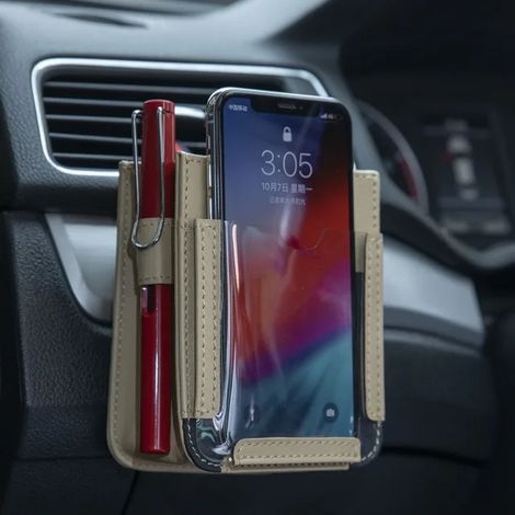 (beige) Pochette de rangement multi-usage pour téléphone portable avec grille d'aération, accessoire intérieur de voiture (1/5)