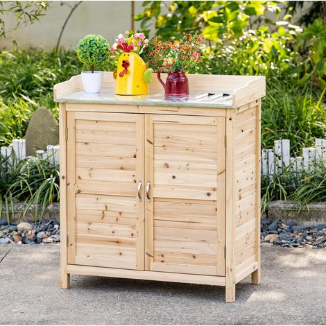 Gartenschrank 83x40x92 cm natur aus Fichtenholz mit Arbeitsplatte und 2 Innenfächern (1/5)