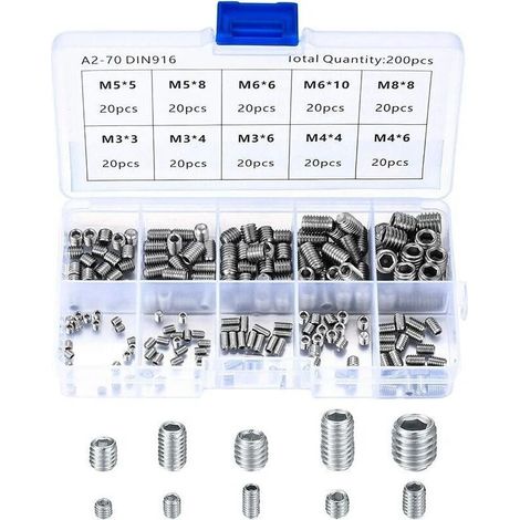 Vis Sans Tête en Acier Inox, M3 M4 M5 M6 M8 Vis à Métaux, Assortiment Kit de Fixations Vis Pointeau（200Pcs)-Autres