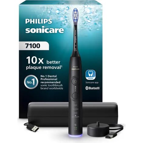 Philips Sonicare Series 7100 HX7421/01 Brosse à dents électrique avec application, capteur de pression, 4 modes de brossage, 3 niveaux d'intensité, coffret voyage USB - Noir (1/4)