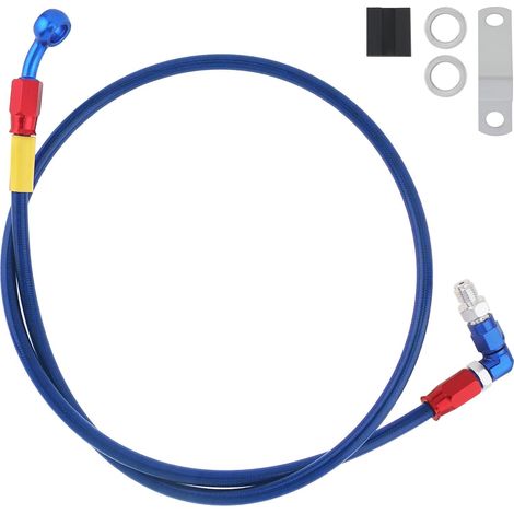 Tuyau de frein hydraulique M10 en acier tressé flexible à 90 degrés avec banjo à 28 degrés pour moto, VTT, motocross, Pit Dirt Street Racing (bleu) (1/5)