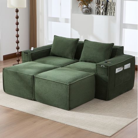 Sofá modular de 2 plazas en pana verde con 2 pufs, portavasos y bolsillos OKWISH (1/5)