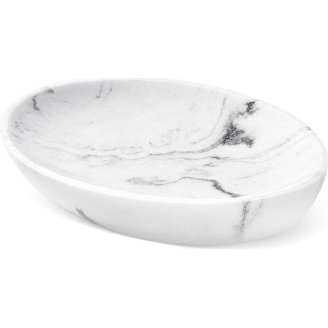 Porte-Savon Ovalaire en Résine, Support de Savon avec Trous de Ventilation Plateau de Rangement pour Cuisine Salle de Bain Toilettes Douche pour Ranger Bougie Savon, Marbre Blanc (1/5)