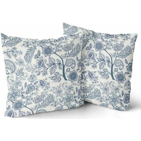 Taies d'oreiller décoratives bleues de style chinois, 50 x 50 cm, ensemble de deux pièces, motif floral bleu vintage, revêtement de canapé/banc/voiture de style campagnard, design réversible. (1/5)
