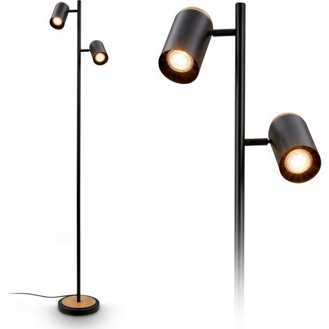 Lampadaire avec interrupteur sur le câble, têtes de spot orientables, 2xGU10 douille, lampadaire sur pied salon, lampe sur pied, 26x26x159,5 cm, noir-bois (1/5)