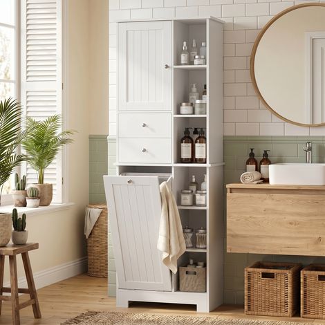 Meuble de salle de bain étroit avec 6 compartiments ouverts, panier à linge, 2 tiroirs et porte à fermeture amortie, blanc (1/5)