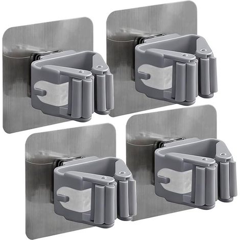 4 teiliger Wandbesenhalter, Wandbesenhalter, Wandbesenhalter ohne Bohren, Wandbesenaufhänger, für Küche, Bad, Garten, Garage (grau) (1/5)