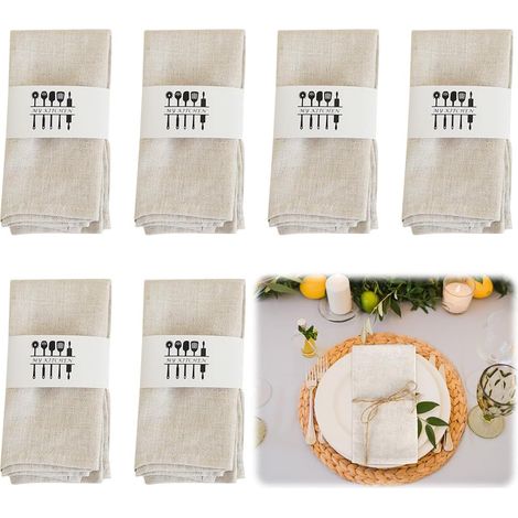 Lot de 6 Serviettes en Tissu de dîner en Tissu mélangé en Lin de Couleur Unie 40x40 cm Set de Décoration de Table pour événements Mariage Anniversaire Dîner Café Cuisine Restaurant (Beige) (1/5)