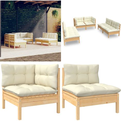 6-tlg. Garten-Lounge-Set mit Creme Kissen Massivholz Kiefer - Gartenzubehör - Lounge Set - Gartenmöbel - Outdoor Möbel - Rattan Gartenmöbel - Home & Living (1/5)
