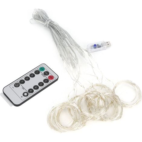 Guirlande lumineuse rideau LED 3 x 3 m, 300 LED, 8 modes d'éclairage, télécommande USB, fil de cuivre, effet ciel étoilé, blanc pur (1/5)