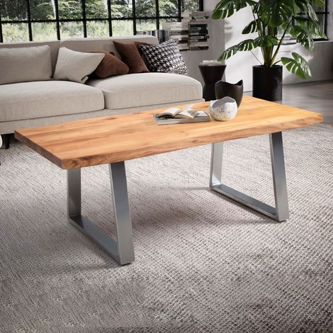 Table basse pieds U 120x60x46 cm en acacia naturel et métal chromé
