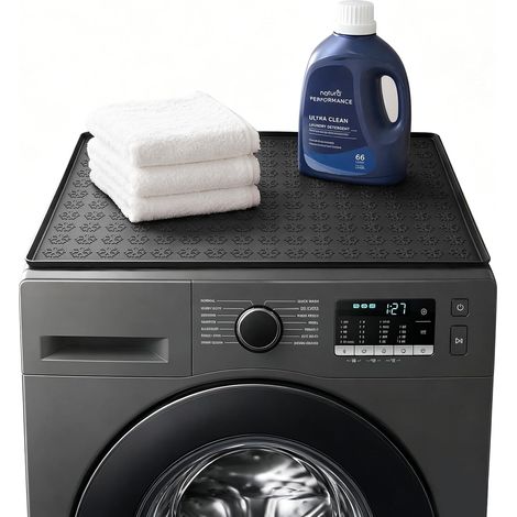 Tapis Machine à Laver 60x60 cm, Protection Dessus Machine à Laver et Sèche-Linge Antidérapant et Imperméable, Tapis Silicone pour Plan de Travail Buanderie Cuisine et Mini Réfrigérateur, Noir