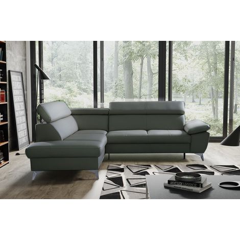 Canapé d'angle convertible en cuir italien de luxe 5/6 places WARREN II, avec coffre, gris foncé, angle gauche (1/4)