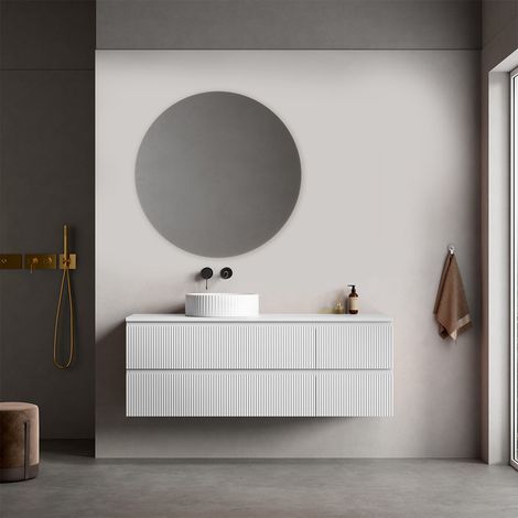 Mobile bagno sospeso cannettato reversibile 140 cm Bianco Opaco per Lavabo d'appoggio Specchio Tondo - Fiji Paint Top Canneté (1/4)