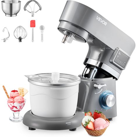 VEVOR Gelatiera 1,7L, Planetaria a 6 Velocita con Display Digitale a LED, Timer, Paletta, Gancio per Impastare e Paraspruzzi, per Yogurt Gelato Fai da Te, Gelato alla Frutta, Sorbetto, Grigio 1400W